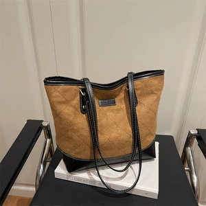 Large capacity quilted tote bag with brown and black patchwork and long shoulder straps