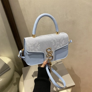 Light blue retro handbag with snake pattern flap and gold metal fringe buckle