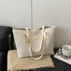 Dames Corduroy Tote Bag Grote Capaciteit Woon-Werkverkeer Schoudertas Met PU Leren Handvat Klinknagels Gestreepte Casual Handtas