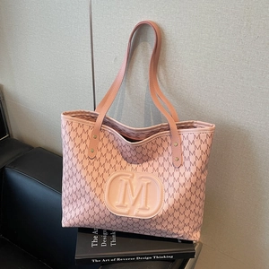 Sac Cabas en Cuir PU Imprimé Monogramme pour Femmes Grande Capacité Sac à Épaule Décontracté pour Bureau Étudiants