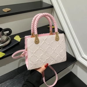 Women Fashion PU Fabric Quilted Shoulder Bag Braided Handle Bow Floral Embroidery Crossbody Square Bag Urban Minimalist Handbag