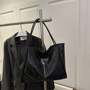 Large black crocodile embossed faux leather tote bag for travel and daily commute