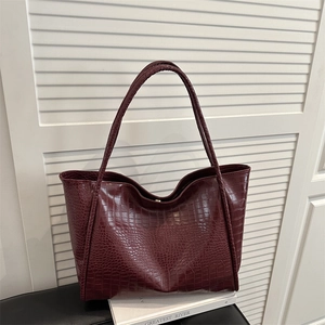 Stylish burgundy crocodile texture tote bag for women with long shoulder straps for commute