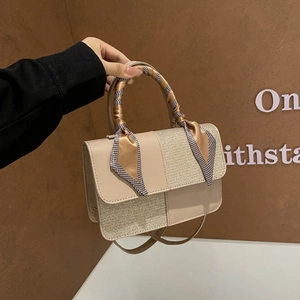 Women's Fashion Patchwork PU Leather Shoulder Bag With Silk Scarf Handle Glitter Small Square Crossbody Bag For Women