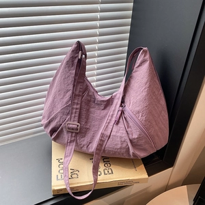 Purple large capacity nylon crescent tote bag with adjustable strap for daily commute