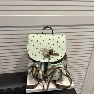 Retro plaid mini backpack for women in mint green and brown with star pattern details