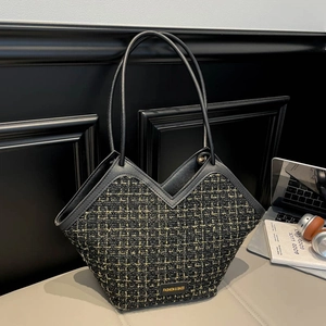 Retro plaid tweed tote bag with black leather handles for stylish office commuting