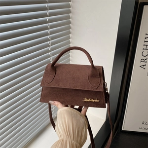Women Faux Suede Small Square Crossbody Bag Minimalist Metal Logo Solid Color Shoulder Bag For Women Daily Handbag