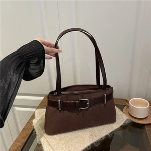 Women Retro Suede Look Shoulder Bag With Belt Buckle Large Capacity Tote Bag For Daily Commuting Office Minimalist Handbag