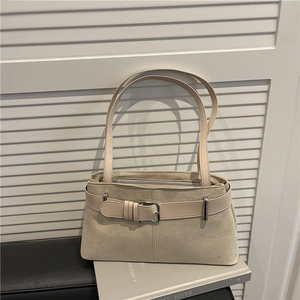 Retro beige large capacity tote bag with decorative belt buckle and silver hardware