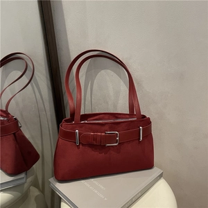 Retro burgundy oversized tote bag with belt buckle detail and dual shoulder straps