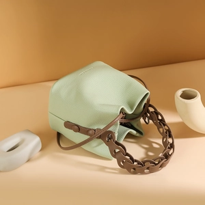 Mint green leather bucket bag with thick brown chain handle and shoulder strap