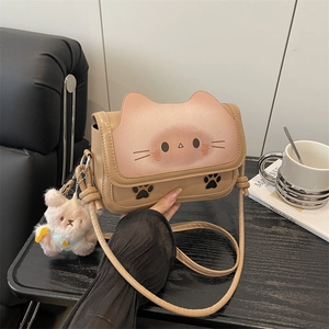 Women Cute Cartoon Toast Cat Shoulder Bag PU Leather Cat Ear Crossbody Bag Small Square Flap Handbag For Daily Matching