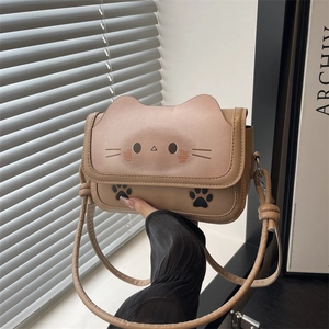 Cute khaki cartoon cat crossbody bag with cat ears and paw prints for autumn 2025