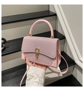 Detailaufnahme der rosa Ledertasche mit glitzernder Strass-Klappe und goldener Schnalle