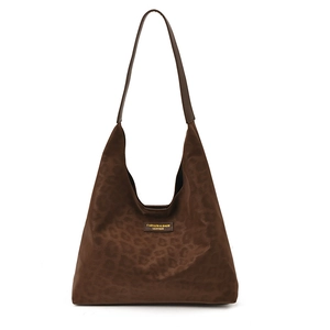 Minimalist leopard print tote bag in dark brown suede texture with long shoulder strap