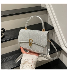 Detail der silbernen Strass-Handtasche mit goldenem U-Verschluss und festem Tragegriff