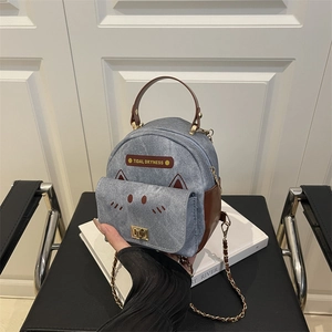 Cute Cat Ear Mini Backpack Denim PU Leather Small Shoulder Bag For Women Girls Korean Style Chain Strap Daily Handbag