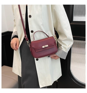 Detail of burgundy leather square handbag with gold belt buckle and detachable strap