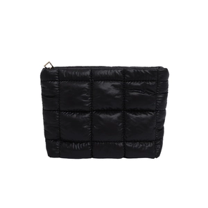 Minimalist black quilted cosmetic storage bag with puffer texture and gold zipper