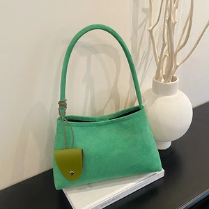 Chic grass green suede underarm bag for women with olive green mini pouch ornament