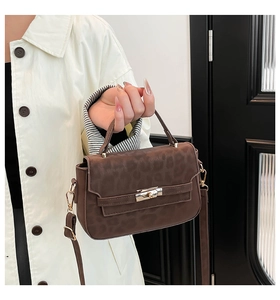 Detail of dark brown leopard print crossbody bag with golden metal turn-lock closure