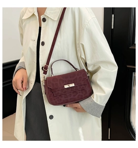Macro shot of burgundy faux suede handbag featuring leopard print texture and gold lock