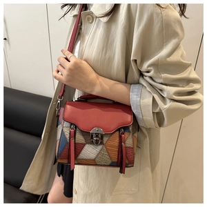 Dettaglio ravvicinato della borsa in pelle multicolore con chiusura metallica vintage