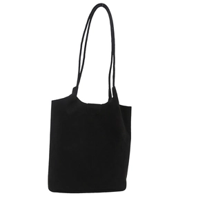 Minimalist black matte bucket tote bag with long shoulder straps on white background