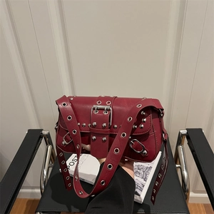 Punk Rivet Shoulder Bag Women Vintage Y2K PU Leather Underarm Bag Metal Eyelets Belt Buckle Fashion Commuter Purse