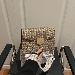 Vintage Tweed Plaid Shoulder Bag For Women Floral Embroidery Wide Strap Metal Lock Underarm Crossbody Square Bag Fashion