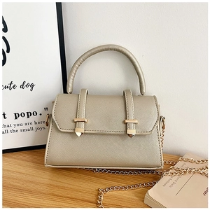 Detailed close-up of champagne gold cross-grain leather handbag with fine metal chain