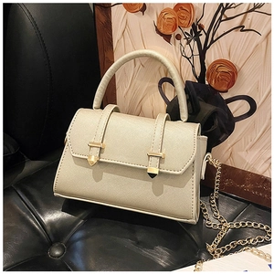 Macro view of cream textured leather handbag with gold metal hardware and flap detail
