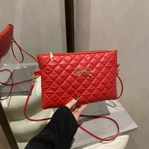Women Quilted PU Leather Shoulder Bag With Gold Bowknot Rhombic Pattern Crossbody Small Square Bag Elegant Daily Handbag