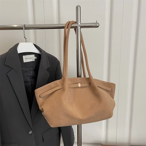 Vintage frosted large capacity tote bag in camel suede with elegant gold metal buckles