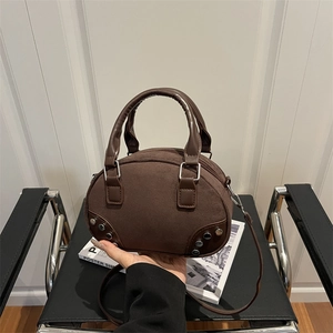 Suede Rivet Shoulder Bag Retro Mini Boston Handbag With Crossbody Strap Minimalist Commuter Tote For Women Fashion Bag