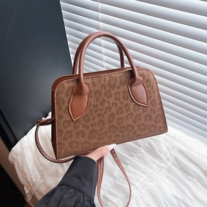 Brown leopard print suede tote bag for women with dual handles and long shoulder strap
