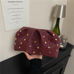 Fashion Leopard Print Pleated Cloud Clutch Bag For Women Gold Mushroom Rivet Synthetic Leather Handheld Evening Purse Daily Bag