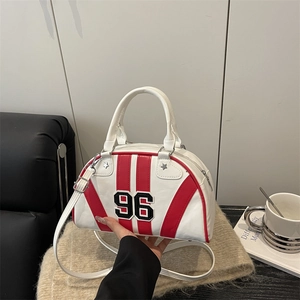Retro white bowling handbag with number 96 patch and red stripes on a casual background