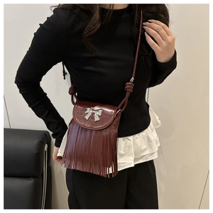 Detail of burgundy tassel mini crossbody bag with silver bow and leather texture