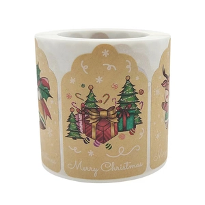 Roll of Christmas kraft paper stickers with trees and gift tags for holiday gift wrapping