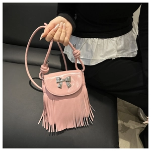 Pink PU leather crossbody bag with silver metal bow and long tassel fringe details