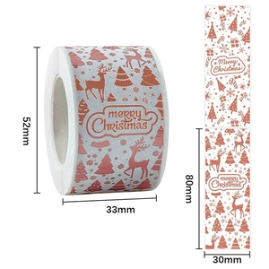 Rectangle Merry Christmas stickers with reindeer and gold tree pattern on paper roll