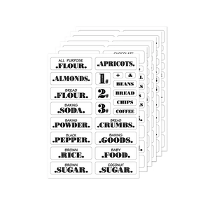 Waterproof transparent PP kitchen pantry labels set for jars with black text on white