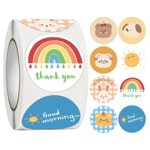Cartoon animal thank you stickers roll featuring bear and rabbit in macaron colors