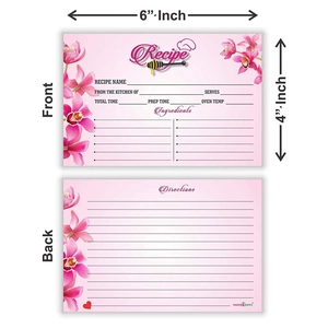 Cartes de recettes 4x6 pouces à motif d'orchidées roses avec zones pour ingrédients