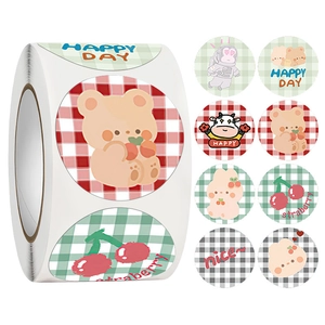 Detailed close-up of eight cute bear and bunny reward stickers with colorful patterns