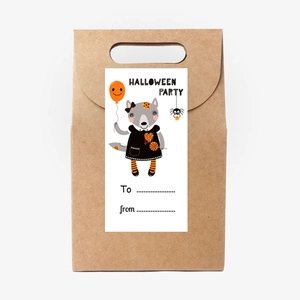 Detail of Halloween gift bag with kraft paper sticker featuring a cartoon wolf and balloons