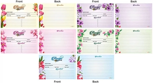 Vue détaillée de fiches de recettes botaniques recto-verso avec motifs de fleurs variés