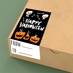 Rectangular Happy Halloween Trick or Treat sticker with pumpkin icons on mailer box